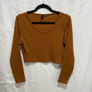 Shein Curve Rust Brown Ribbed Long Sleeve Crop Top Plus Size‎ 1XL Fall Layering